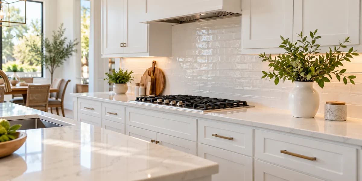 A clean white kitchen with a black stovetop