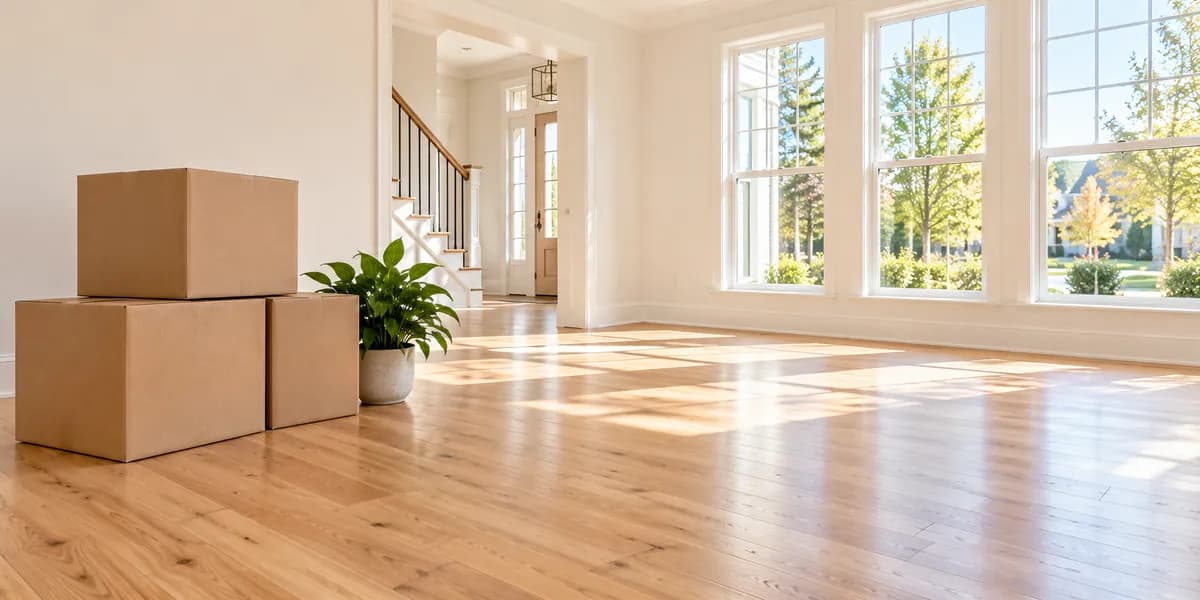 Moving boxes in an empty room with clean hardwood floors