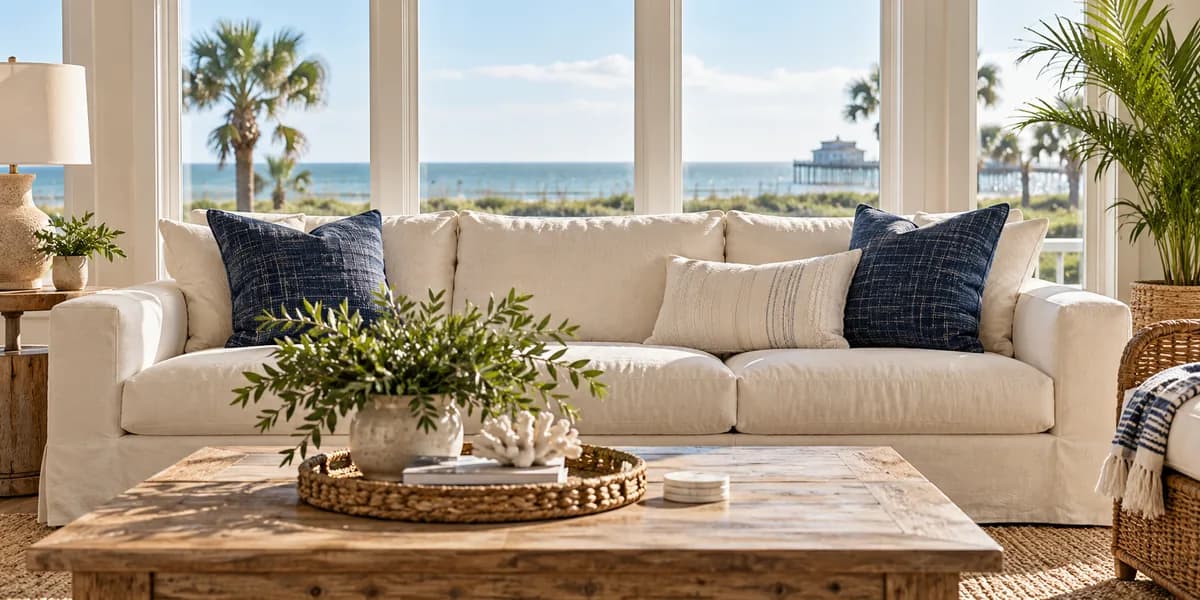 A sunlit living room with a cream sofa and blue cushions