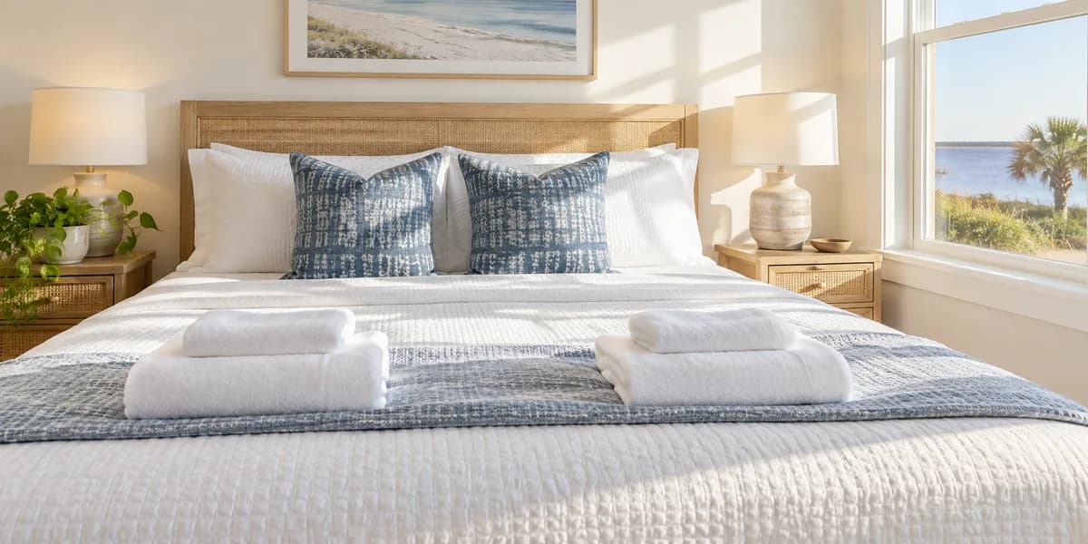 A neatly made bed with blue cushions and folded towels