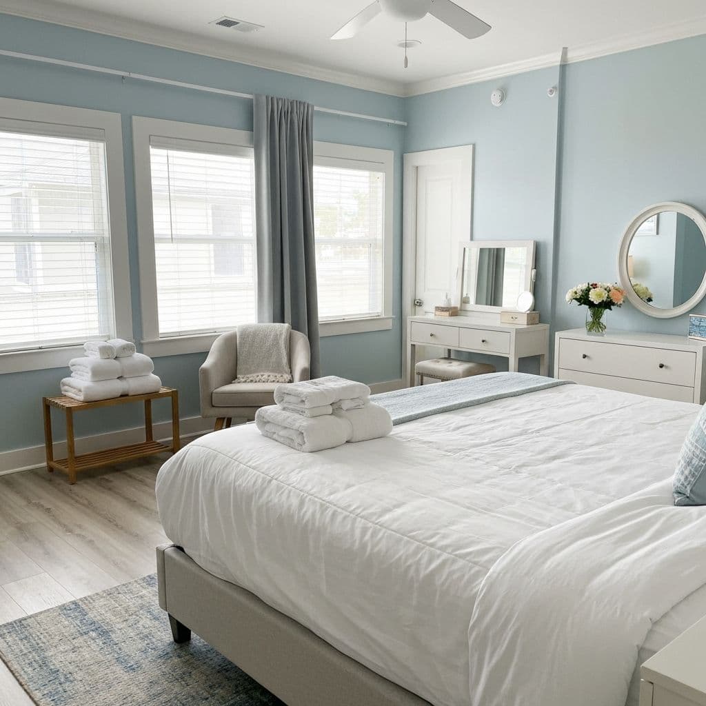A neatly prepared coastal bedroom