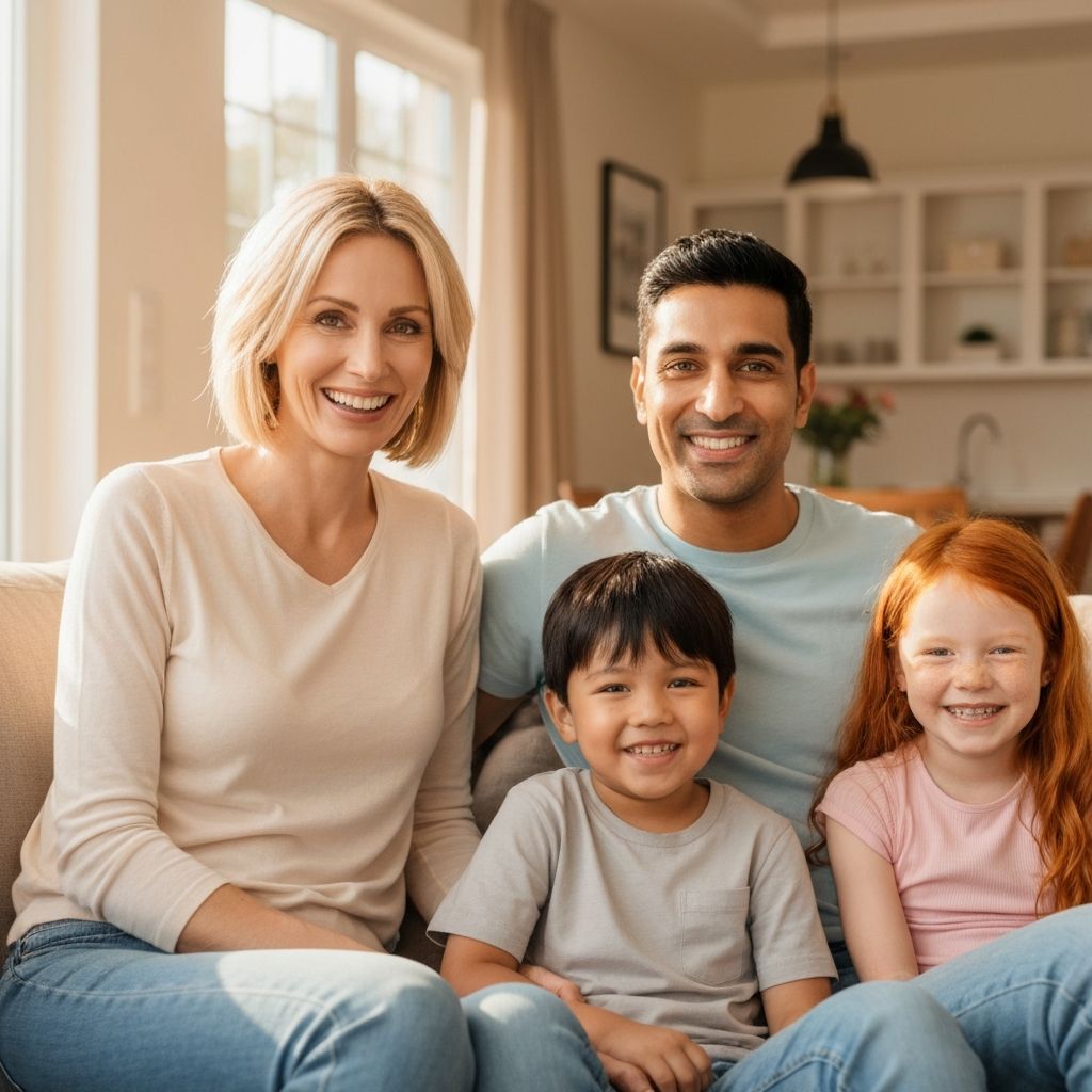 Happy family enjoying their freshly cleaned Galveston Bay Area home